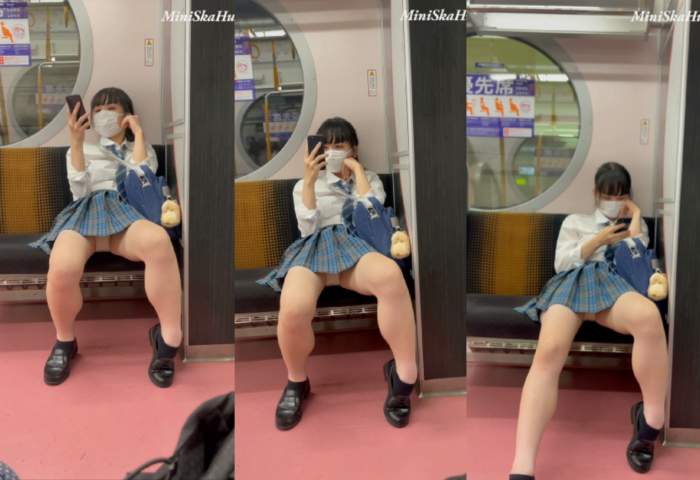 JK盗撮日記13　青チェックミニスカ制服JKが電車内で誘惑-010