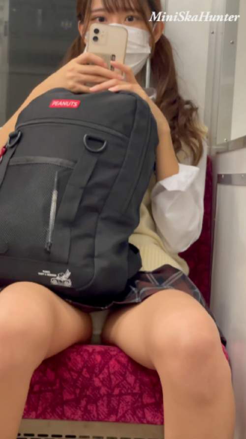 JK盗撮日記24 赤チェックミニスカ美脚JKを電車内で盗撮-004