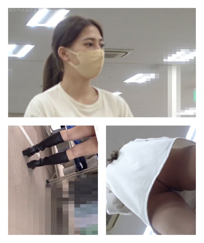 お尻も乳房もモロ出しTバックから陰部ハミ出し大開脚！お顔も乳首も丸見え美人店員の全身堪能！パンチラ盗撮-001