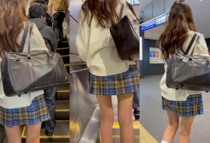 JK盗撮日記43 青チェック小悪魔ルーズソックス美脚ギャルJKを電車BOX席で盗撮【※電車内対面撮影バレ・接写有り】-010