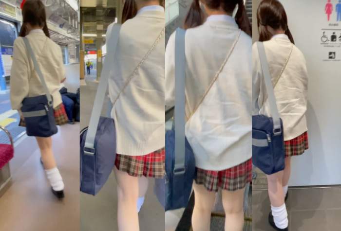 JK盗撮日記51　続・小悪魔赤チェック東京○川女子ツインテロリロリJKを電車内とトイレ内で盗撮【※撮影バレ・パンチラ交-008